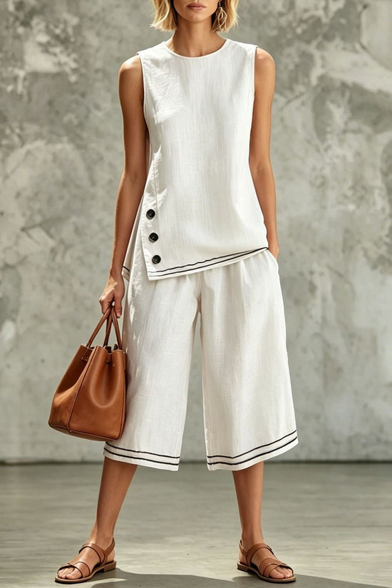 Sleeveless Side-split Tank Top Paired With Wide-leg Cropped Pants Womens Two-piece Set 