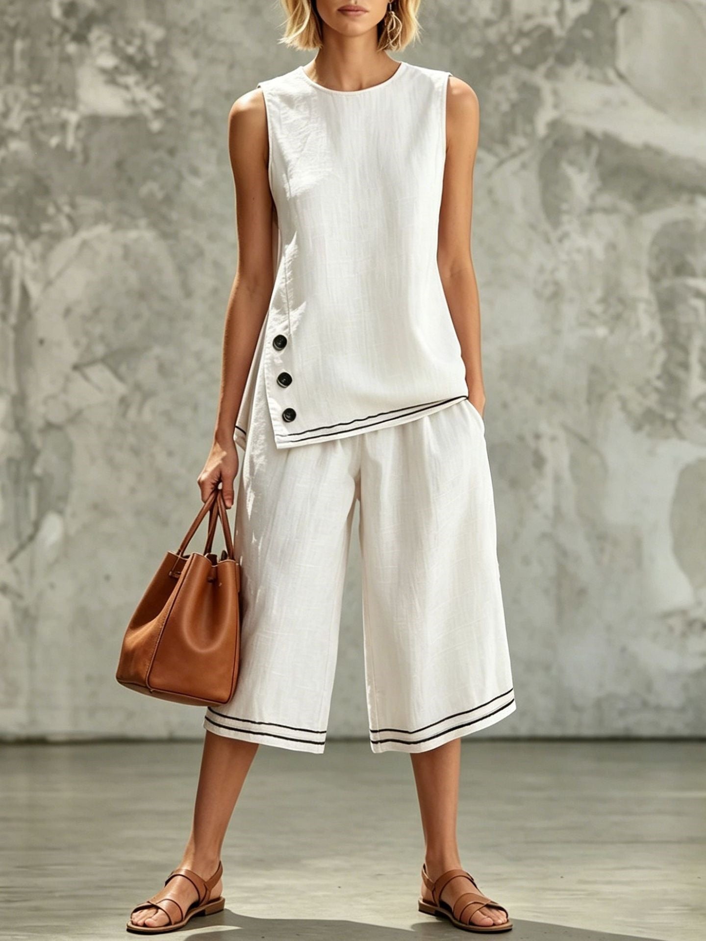 Sleeveless Side-split Tank Top Paired With Wide-leg Cropped Pants Womens Two-piece Set 