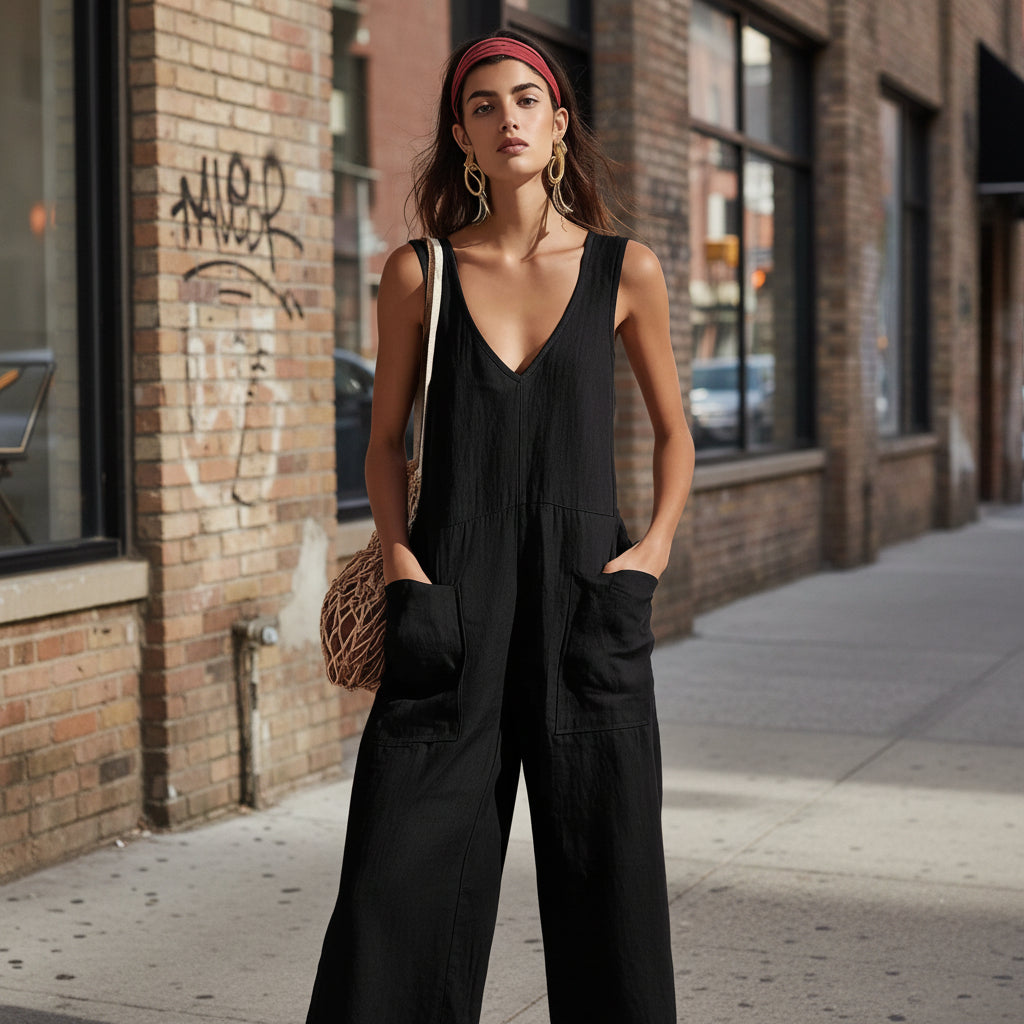 Womens Sleeveless V-Neck Pocketed Casual Jumpsuit 