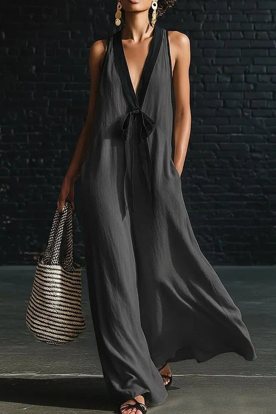 V-neck Strapless Sleeveless Resort-Style Long Simple Elegant Dress 