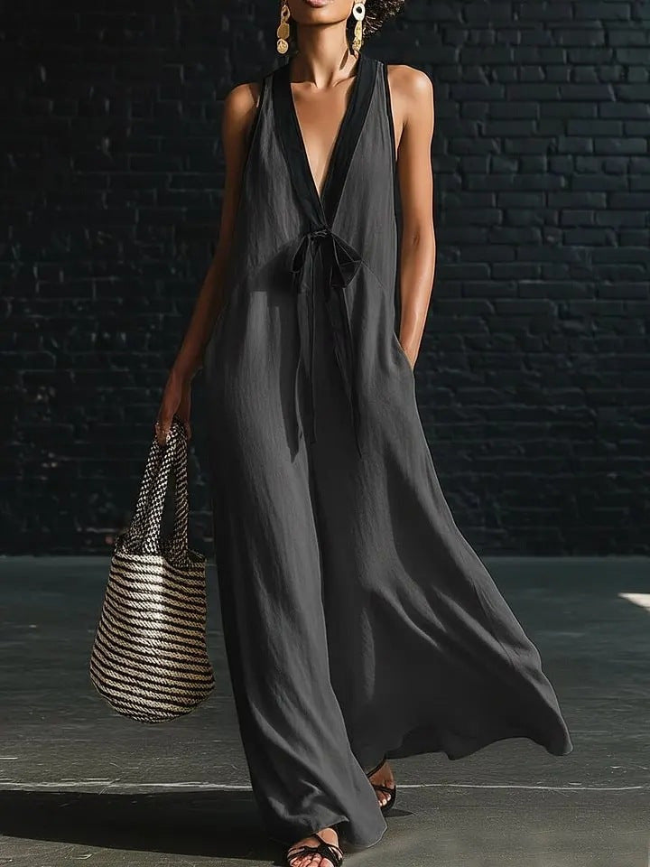 V-neck Strapless Sleeveless Resort-Style Long Simple Elegant Dress 