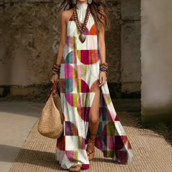 Loose-fit Printed Halterneck Split Dress 