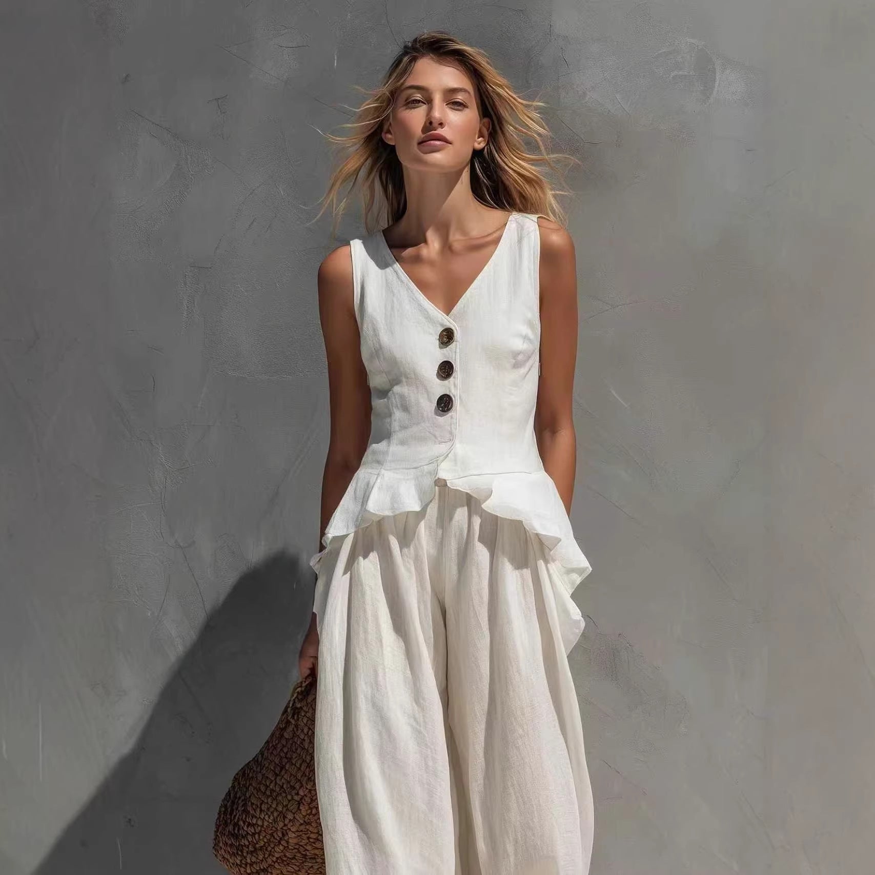 Sweatshirt-style Casual Sleeveless Top And Wide-leg Pants Two-piece Set 