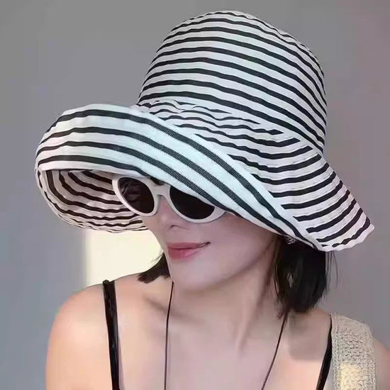 Women's Wide-Brim Striped Sun Hat – UV Protection & Adjustable Fit 