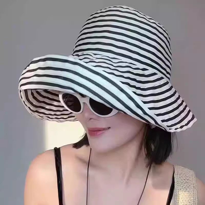Women's Wide-Brim Striped Sun Hat – UV Protection & Adjustable Fit 