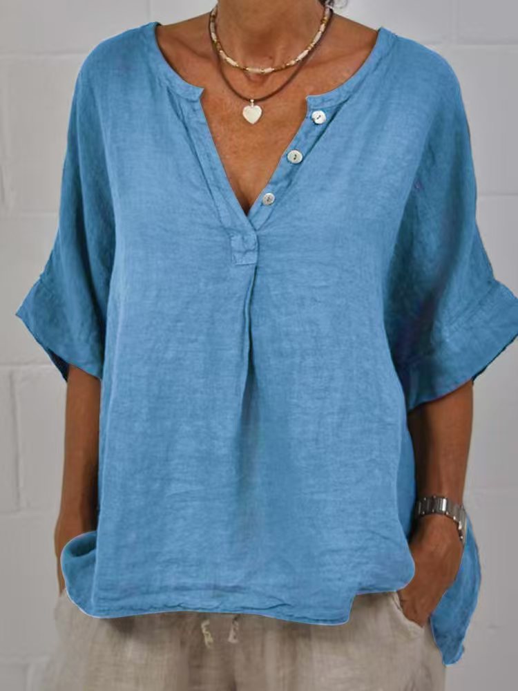Cotton-linen Solid-color Door-cuff V-neck Button-up Shirt 