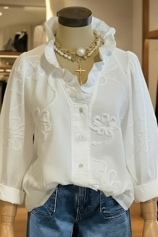 Lace-embroidered Cotton-linen Sweet Blouse 