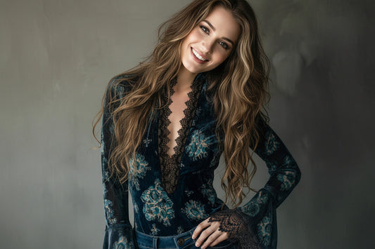 Women's Retro Lace Panel Blouse Elegant V-Neck Print Bell Long Sleeve Top For Spring Autumn Daily Wear 