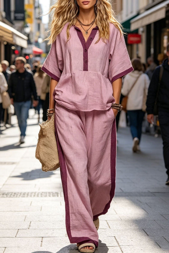 Casual Loose Solid Color Top with V-Neck and Three-Quarter Sleeves  Elastic Waist Loose Wide-Leg Pants Solid Color Set for Women 