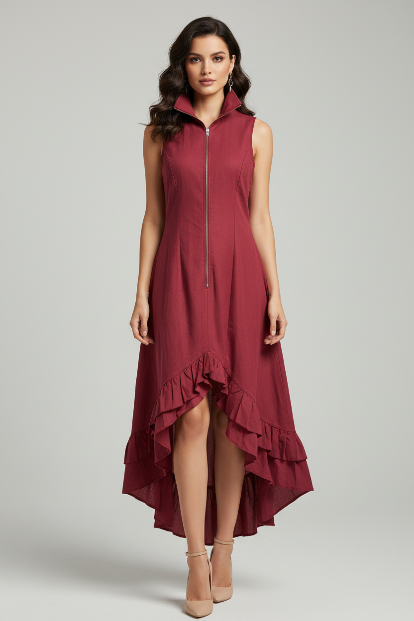 Lapel Collar Zip-Front Ruffle Hem Boho Dress 