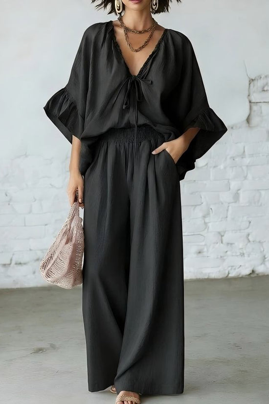 Loose-fit Cotton-linen V-neck Wide-leg Pants Two-piece Set 