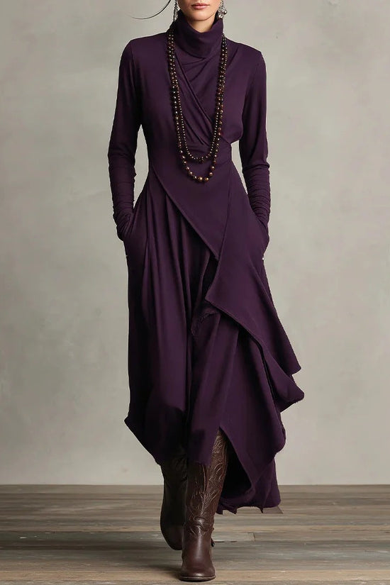 Solid Color Long Sleeve Cross Wrap High Neck Maxi Dress 