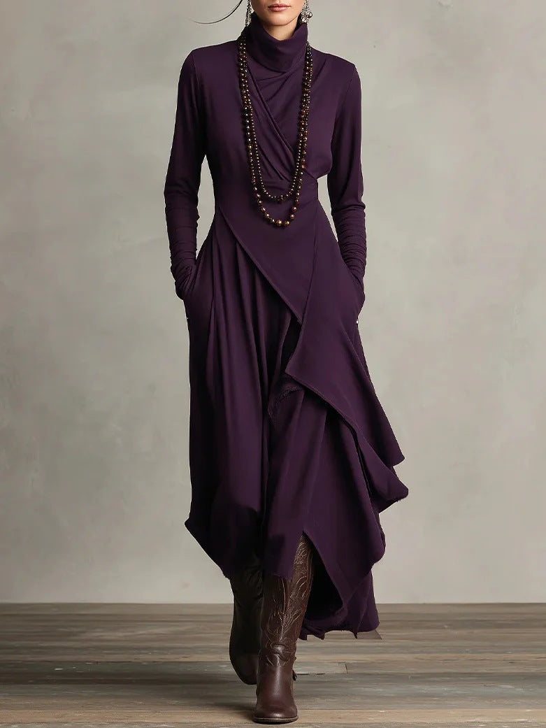 Solid Color Long Sleeve Cross Wrap High Neck Maxi Dress 