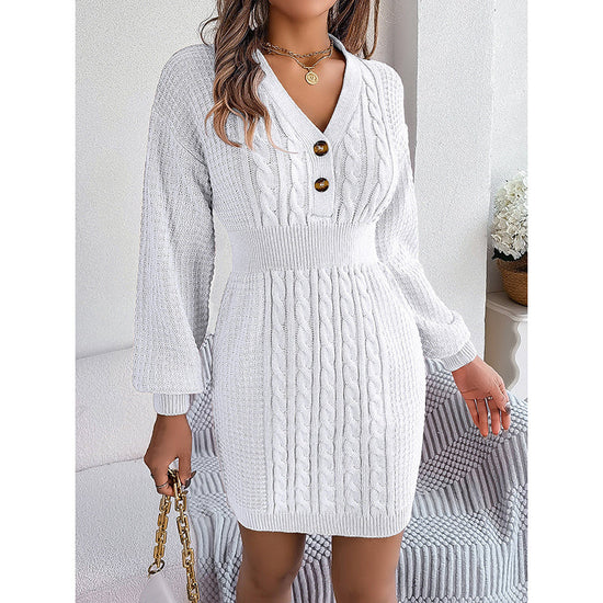 Women's Cable Knit Sweater Dress - V-Neck Button Front Lantern Sleeve Bodycon Mini Dress With Elastic Waist For Fall CJ US