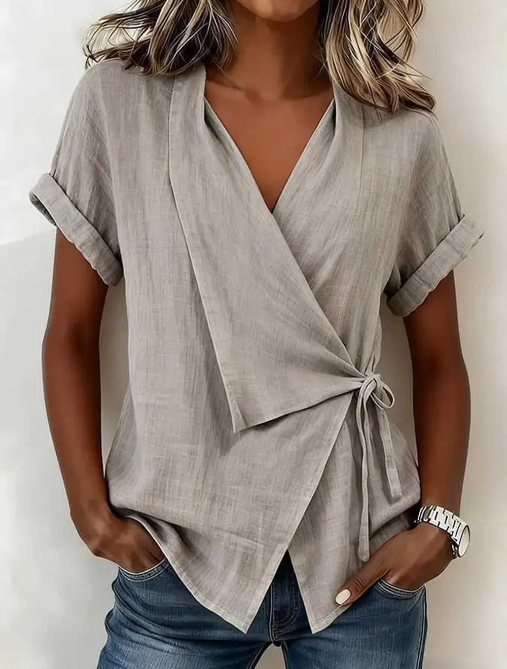 Women's Casual Lapel Collar Lace-Up Short-Sleeve Top 
