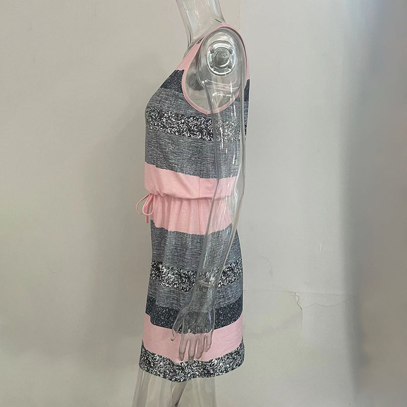Women's Sleeveless With Adjustable Waist Tie Vest Dress - Casual Summer Mini Dress With Color Block Striped Design CJ US