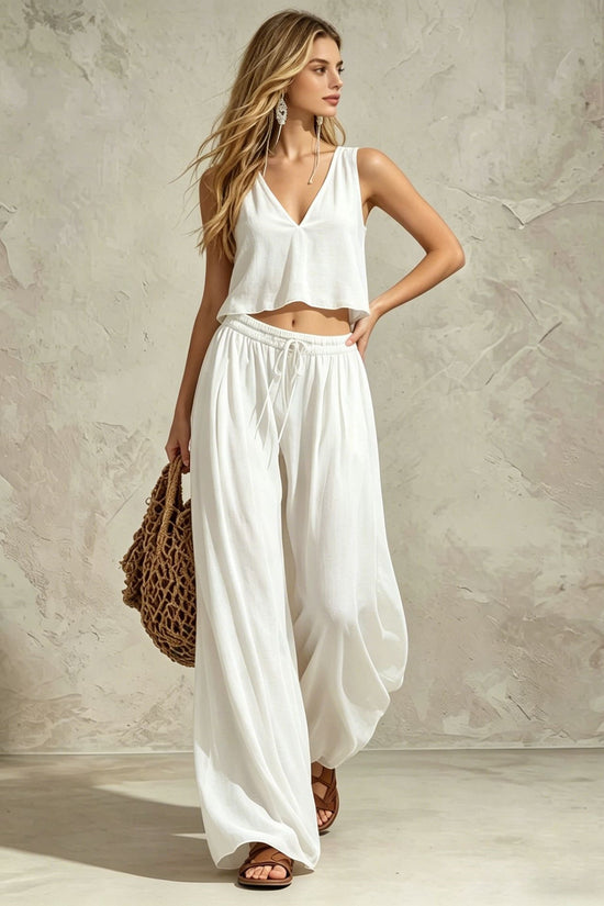 V-neck solid color sleeveless camisole top wide leg pants set