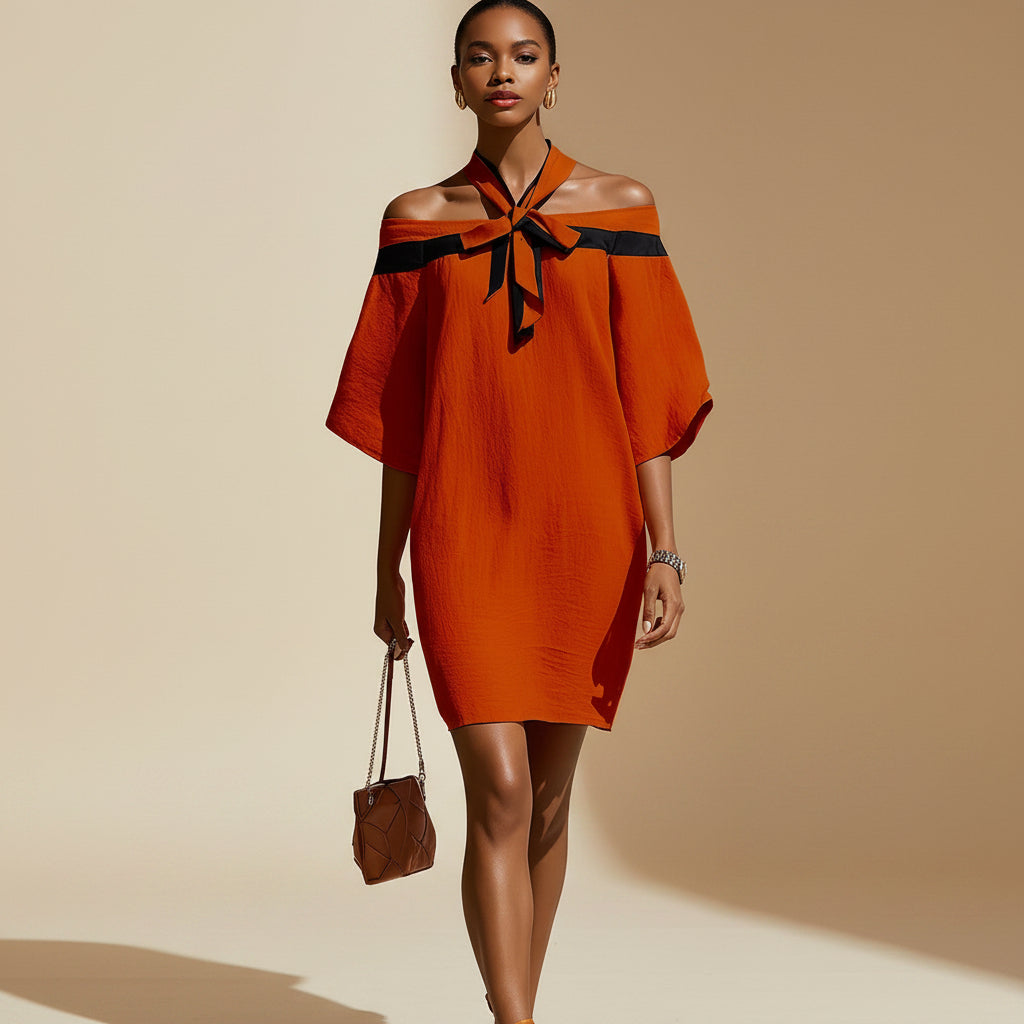 One shoulder bow collar dress 