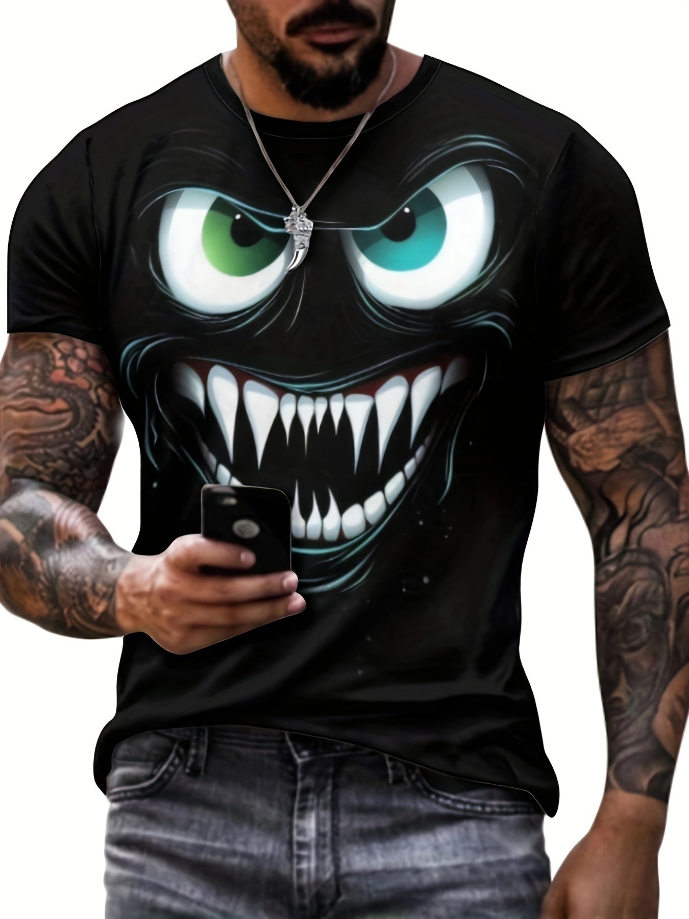 Men's Novel 3D Evil Smiling Face Printed T-shirt, Casual And Fashionable T-shirt, Street Style Short Sleeved Round Neck Shirt CJ US