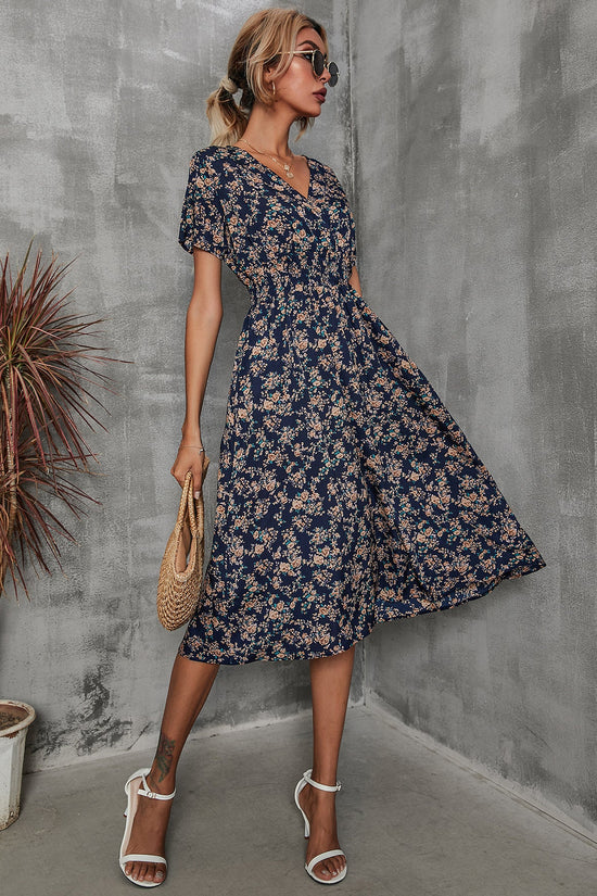 Women's V-Neck Floral Print Dress - A-Line Waisted Summer Maxi Dress 