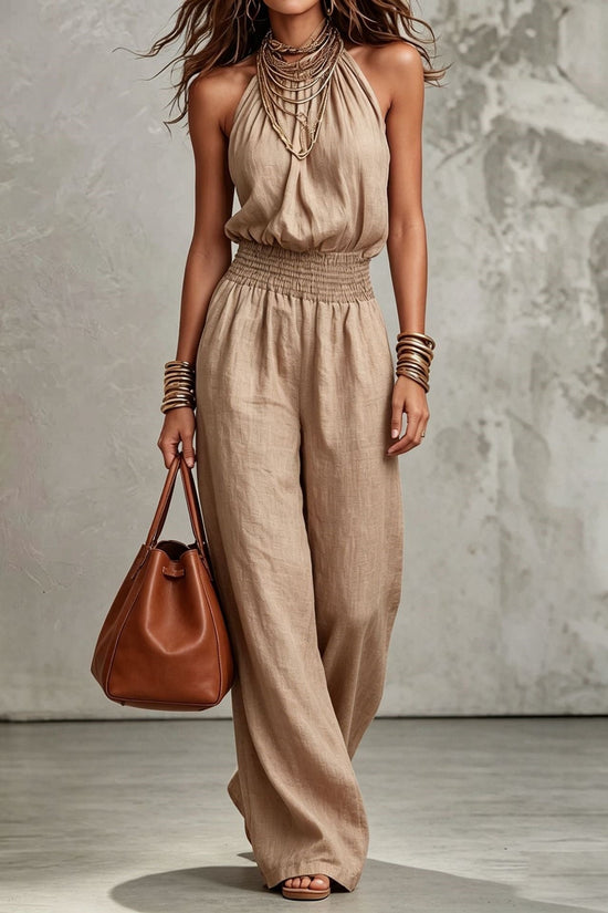 Womens Sleeveless Backless Cinched Waist Lace-up Halter Wide-leg Jumpsuit 
