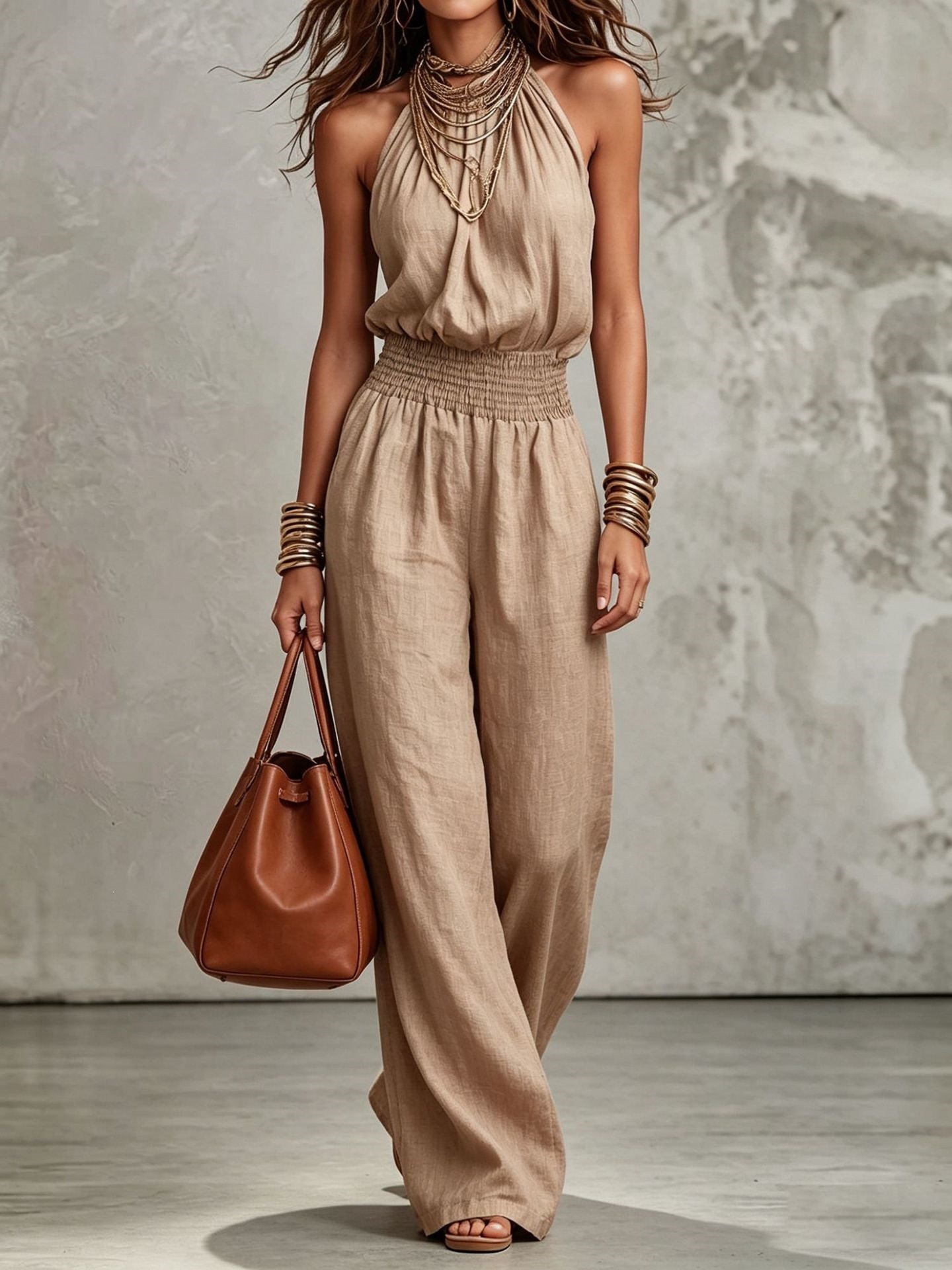 Womens Sleeveless Backless Cinched Waist Lace-up Halter Wide-leg Jumpsuit 
