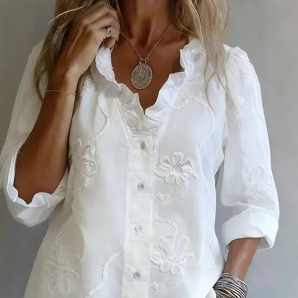 Lace-embroidered Cotton-linen Sweet Blouse 