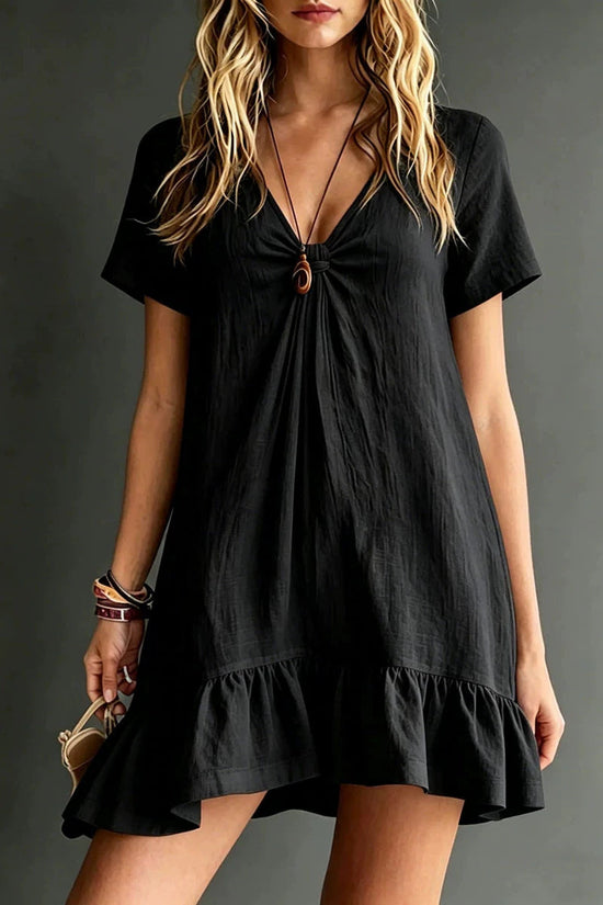 Womens Solid-Color V-Neck Short-Sleeve Casual Dress 