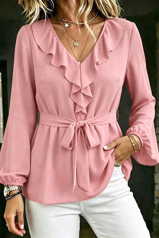 Elegant Women's V-Neck Ruffle Blouse with Tie Waist, Lantern Sleeves Long Sleeve Top 