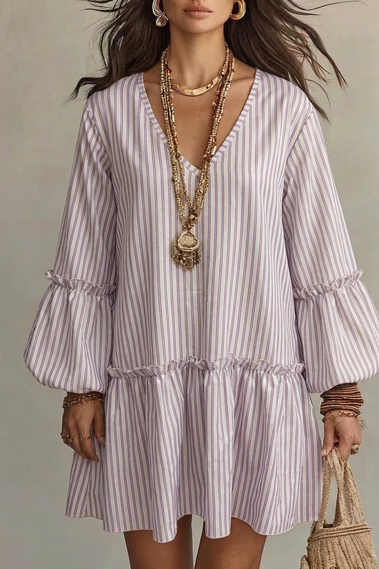 Style Autumn New Women's Long Sleeve Dress Stripe Print V-Neck Lantern Sleeve Loose Mini Dress 