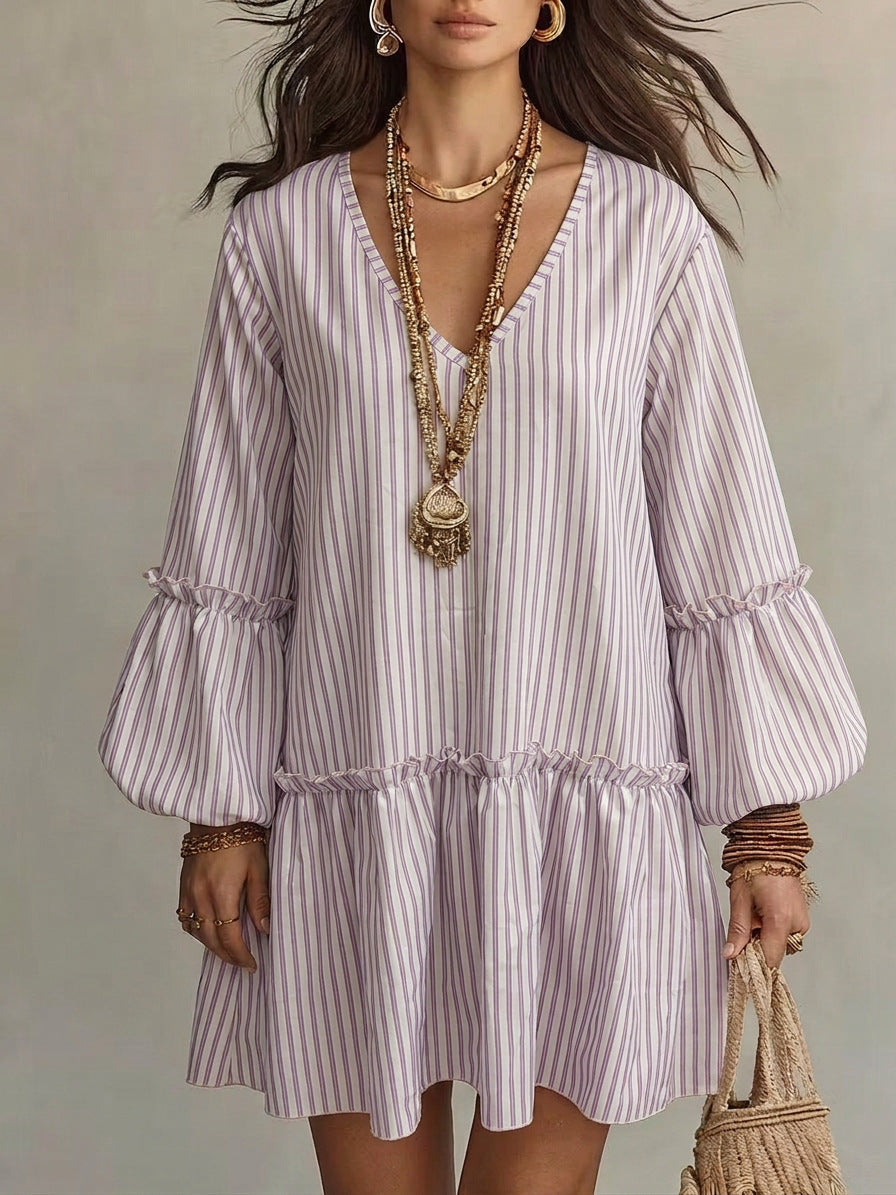 Style Autumn New Women's Long Sleeve Dress Stripe Print V-Neck Lantern Sleeve Loose Mini Dress 