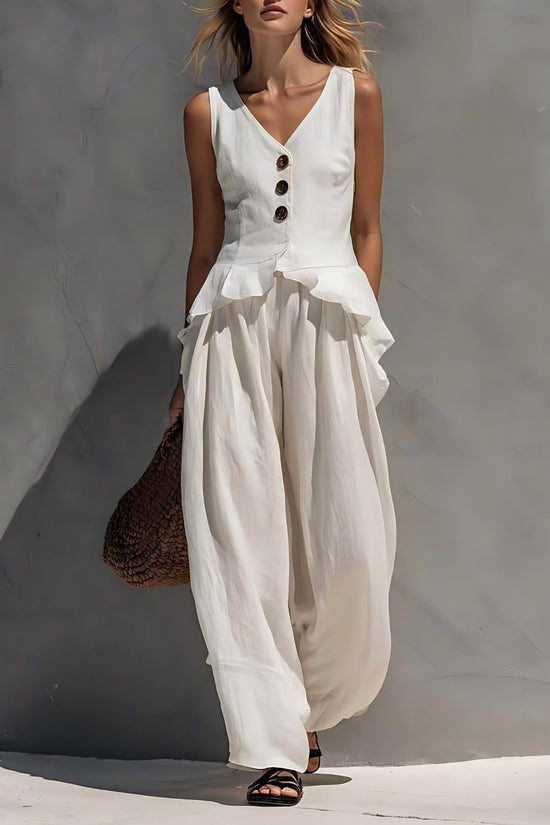 Sleeveless V-neck Ruffled Tank Top Draping Wide-leg Pants Two-piece Set 