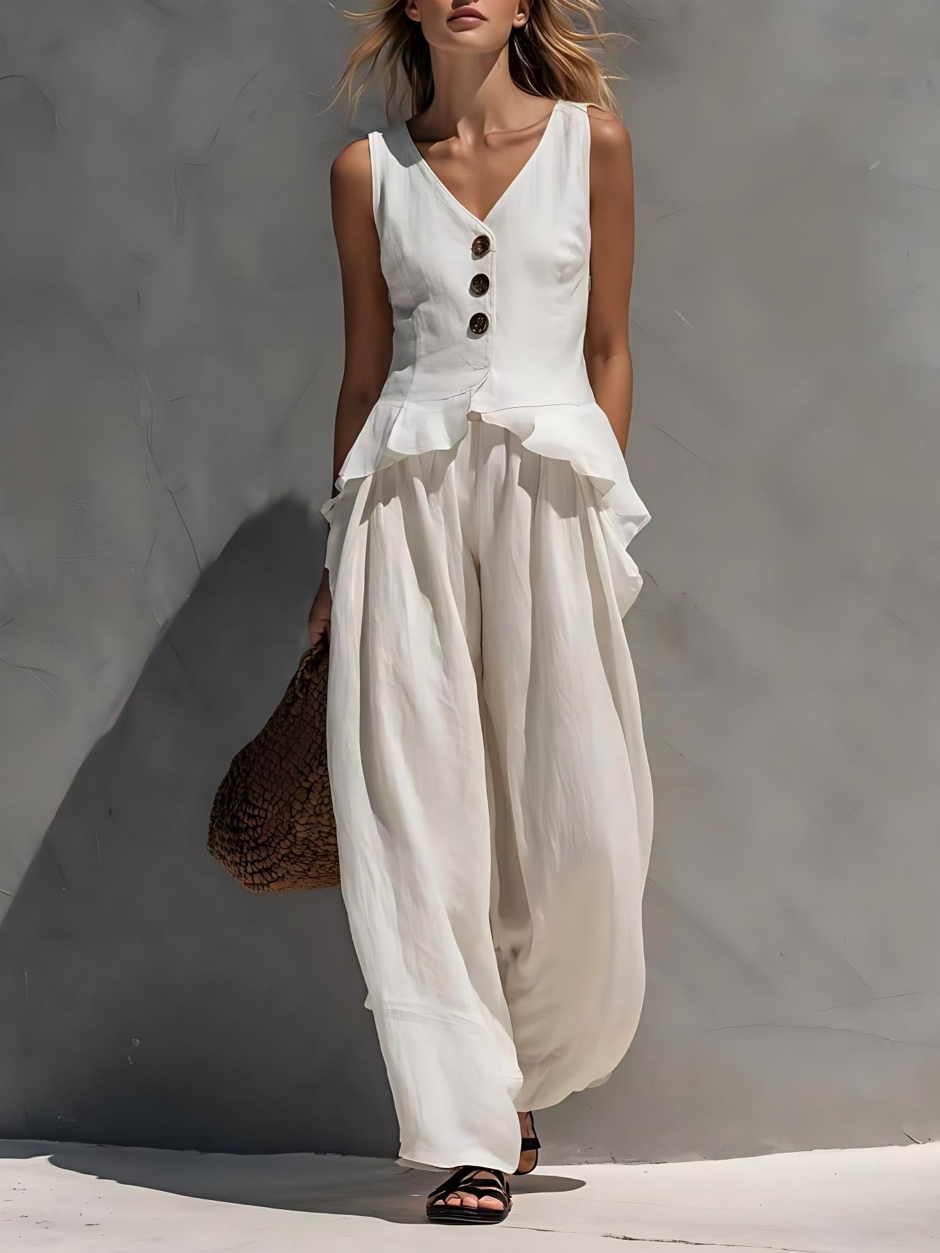 Sleeveless V-neck Ruffled Tank Top Draping Wide-leg Pants Two-piece Set 