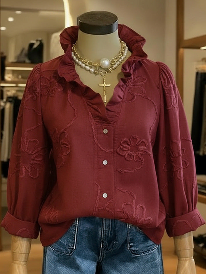 Lace-embroidered Cotton-linen Sweet Blouse 