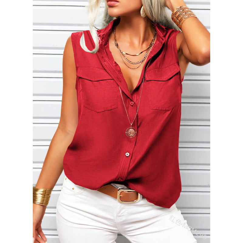 Solid-color Lapel-collar Loose-fit Sleeveless Top With Pockets 