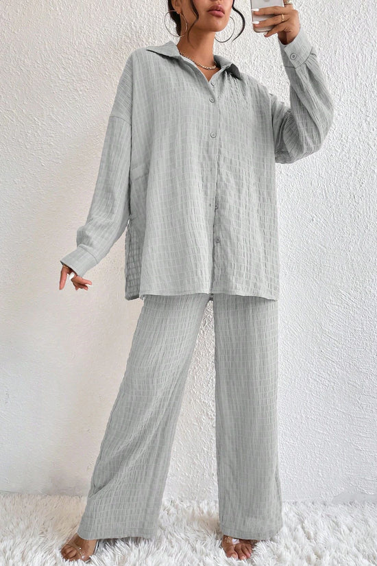 Summer New European And American Style Pleated Long-Sleeve Lapel Loose Two-Piece Set 