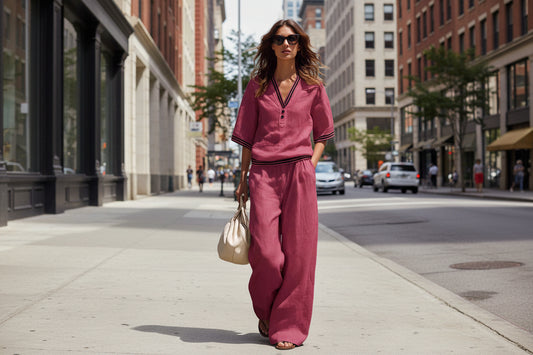 Cotton-Linen V-Neck Casual Comfortable Short-Sleeve Shirt And Pants Set 