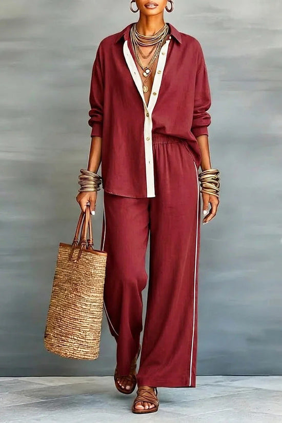 Contrast-color Casual Solid-color Loose Pants Two-piece Set 