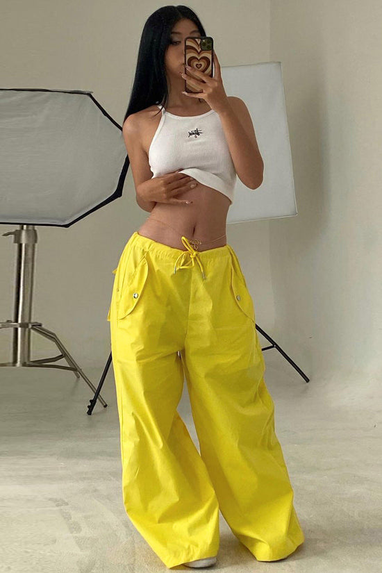 Solid-color Lace-up Loose-fitting Straight-leg Work Pants 