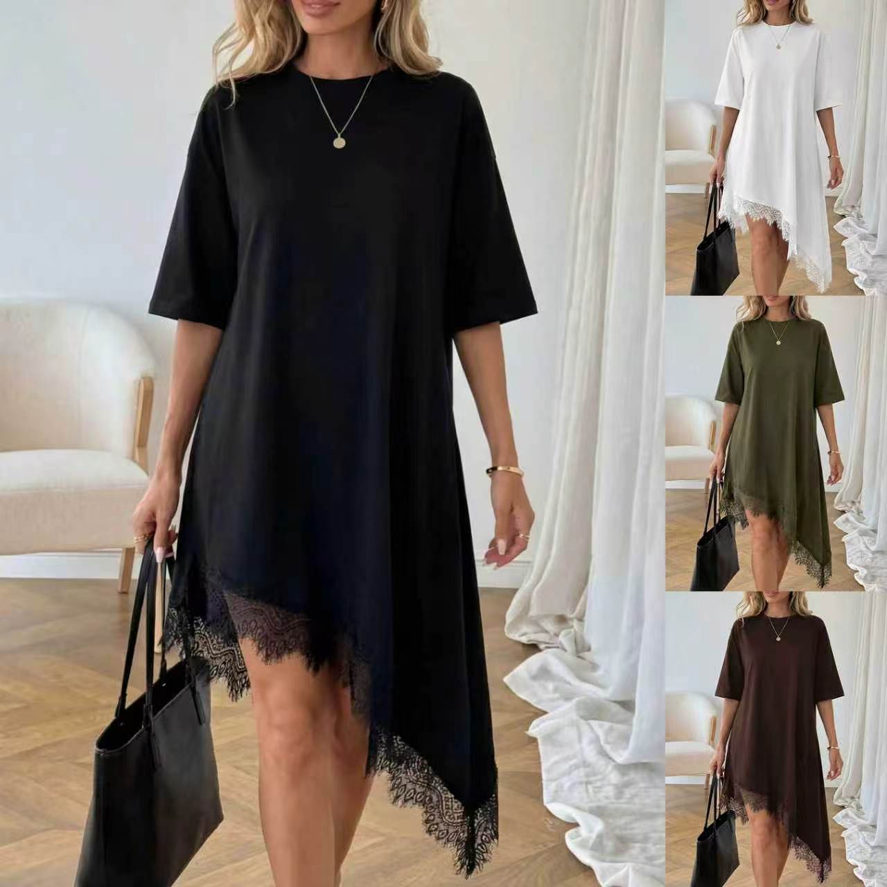 Women's Casual Solid Color Sexy Lace Trim Dress 