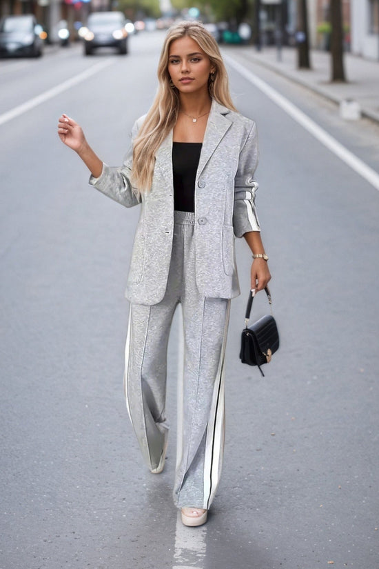 Women's New Fashionable And Elegant Women's Suit Top&pants Set - Long Sleeved Pants With Side Striped Details On The Collar, Spring And Autumn Solid Color Casual Wear, Flannel, Suit CJ US