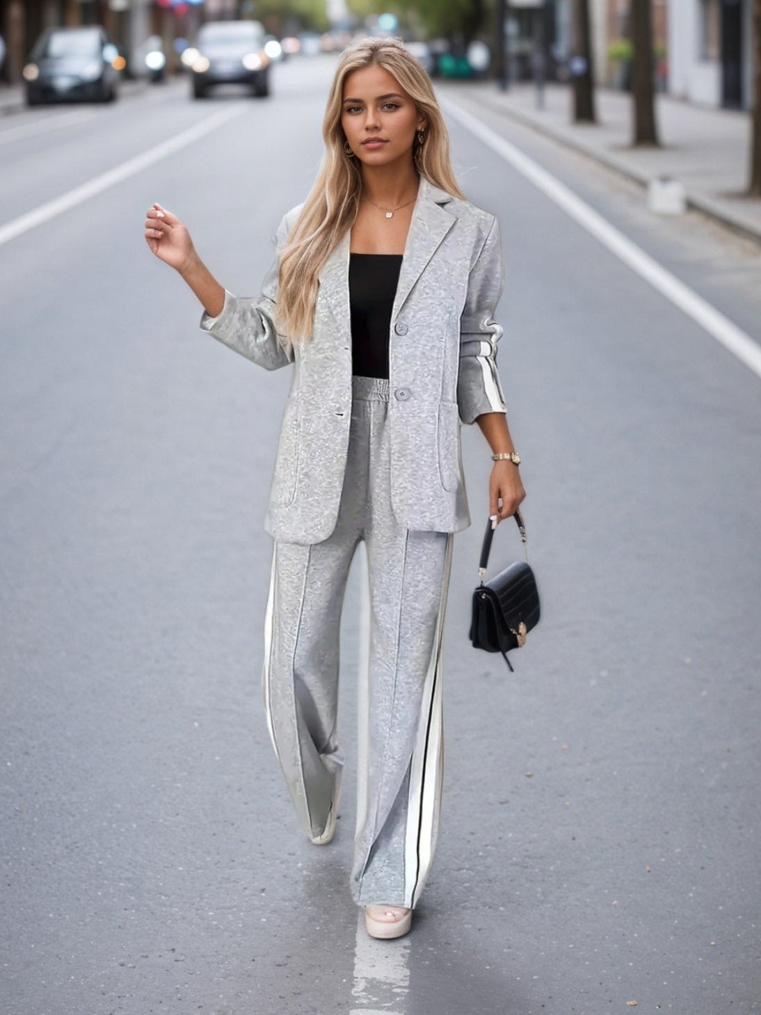 Women's New Fashionable And Elegant Women's Suit Top&pants Set - Long Sleeved Pants With Side Striped Details On The Collar, Spring And Autumn Solid Color Casual Wear, Flannel, Suit CJ US