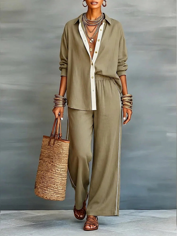 Contrast-color Casual Solid-color Loose Pants Two-piece Set 