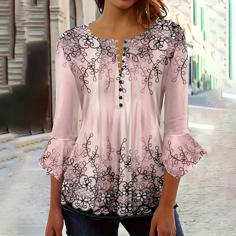 Women’s V-Neck 3/4 Sleeve Button-Front Tunic Blouse CJ