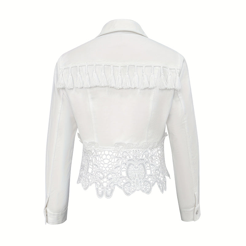Women's Lace Hollow Out Jacket - Chic Long Sleeve Button Down Shirt With Tassel Details 