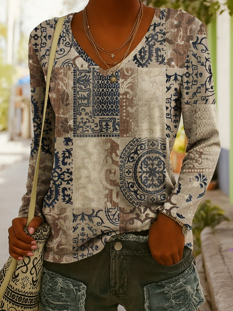 Fashionable Ethnic-Style Printed V-Neck Long-Sleeve T-Shirt 