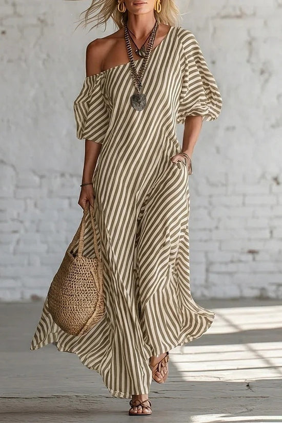Spring Elegant Striped Off-Shoulder Dress 