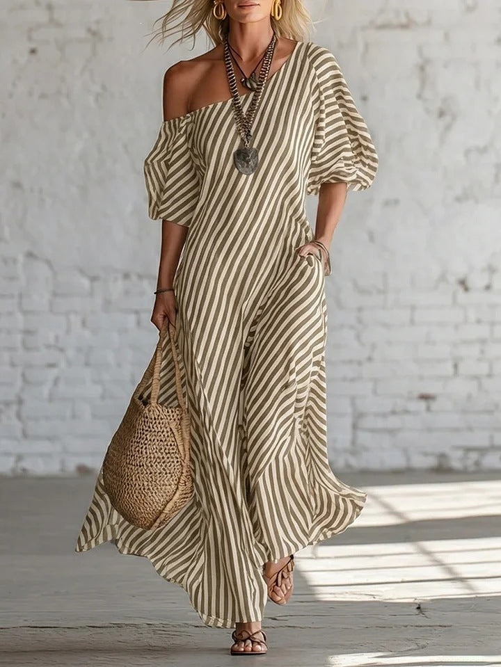 Spring Elegant Striped Off-Shoulder Dress 