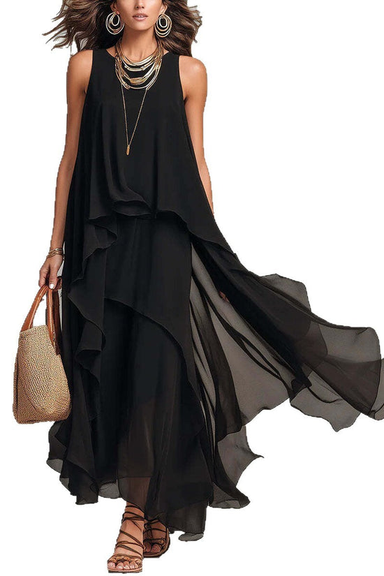 Chic Flowy Black Sleeveless Asymmetrical Chiffon Long Dress 