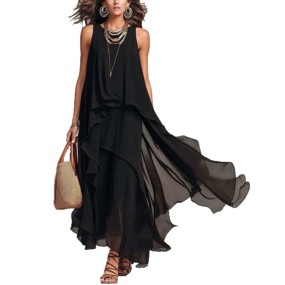 Chic Flowy Black Sleeveless Asymmetrical Chiffon Long Dress 